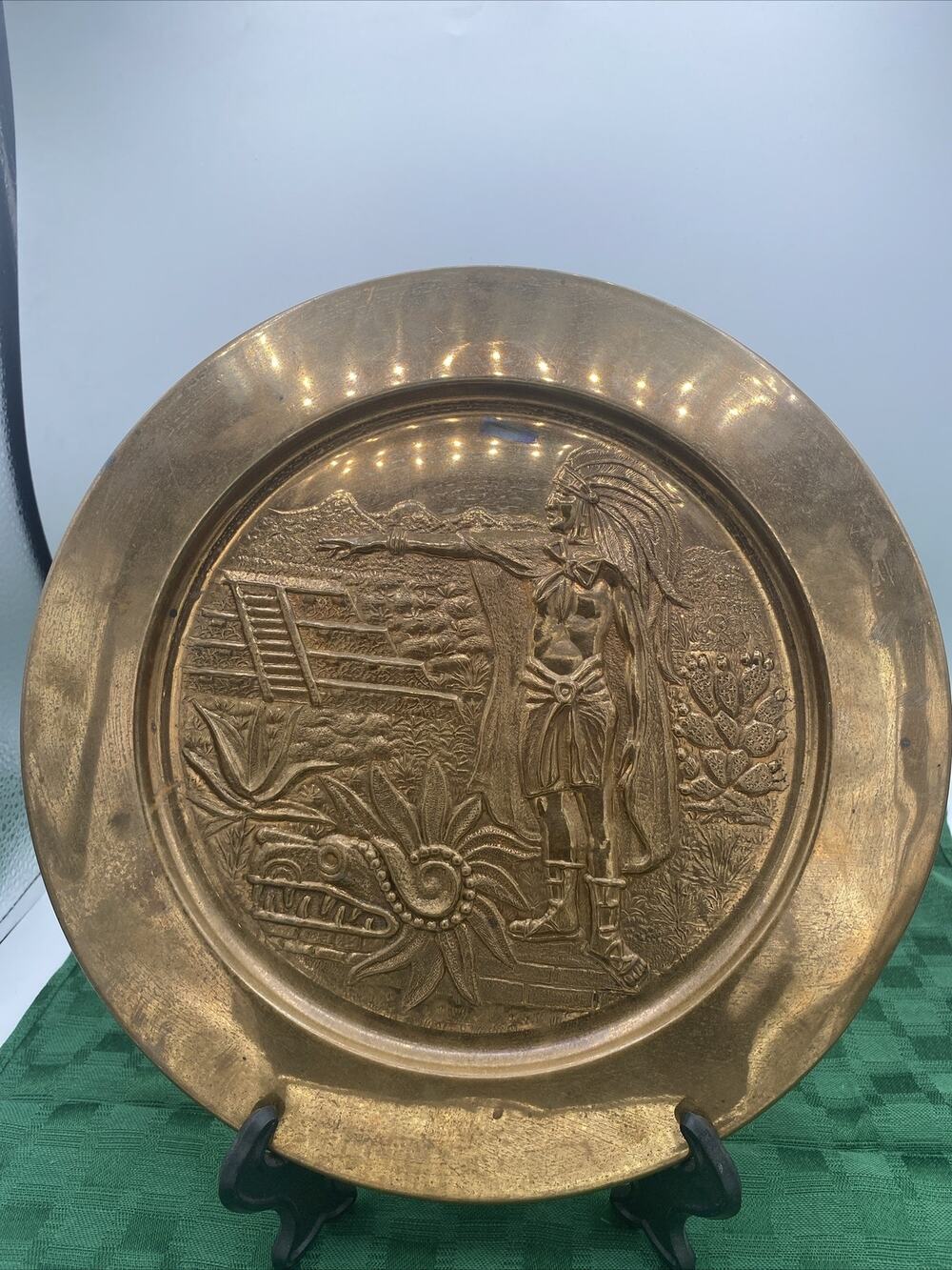 Vintage 11” Embossed English Copper Art Decorative Plate Aztec Chief